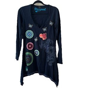 Desigual Blue Floral Embroidered Dress Tunic Top LS Swing Dragon‎ Butterfly Sz M